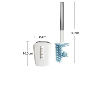Wall-mounted toilet brush with blue antibacterial TPR head in plastic bucket