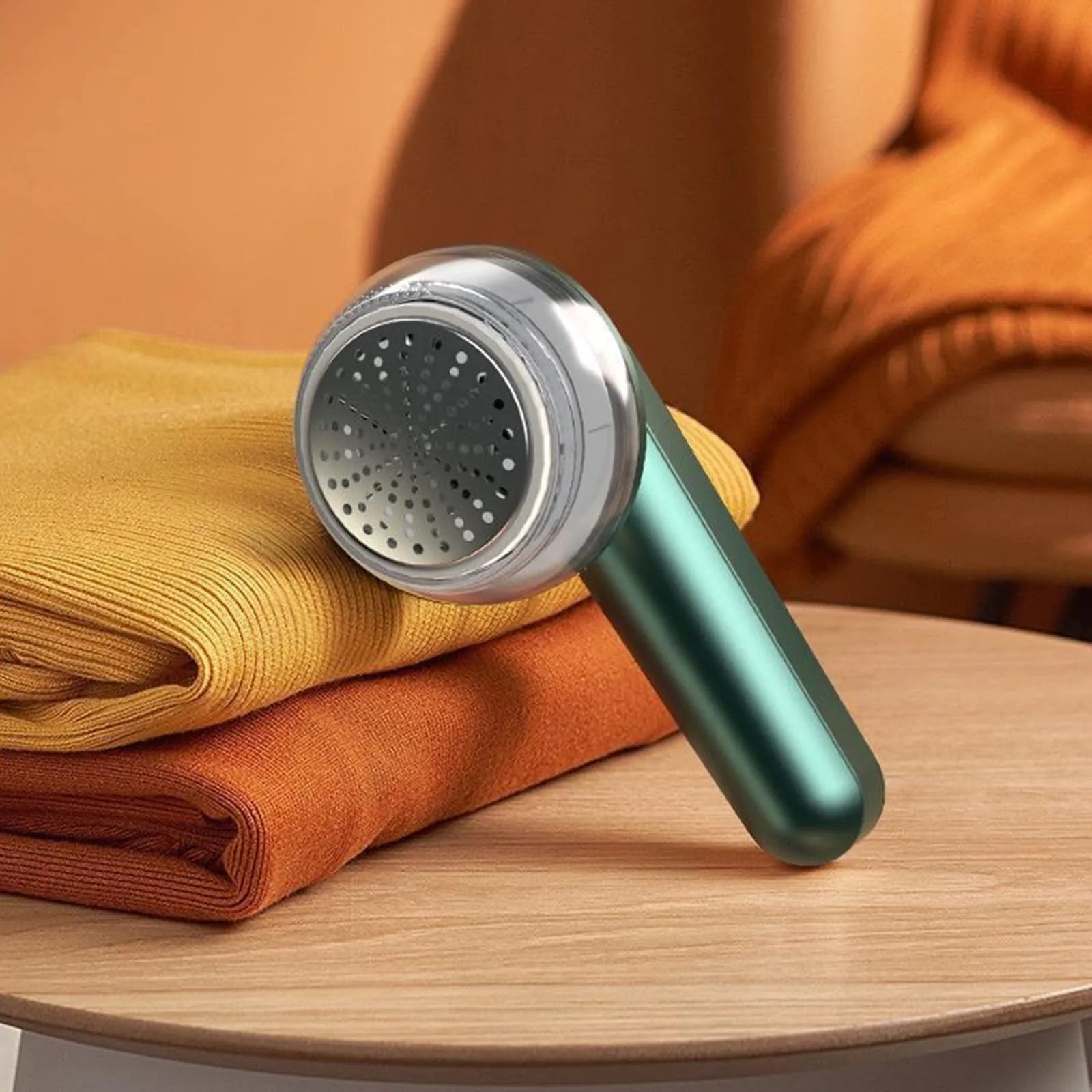 White or green USB rechargeable electric lint remover with removable lint collector and stainless steel blade