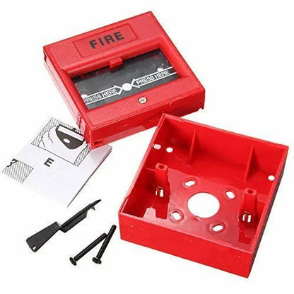 Red 24VDC wired emergency fire alarm button with hand breaking glass and fireproof material construction.