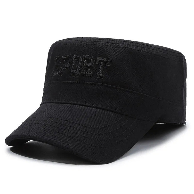 Men's adjustable cotton flat-top peaked cap in army green with dome crown and English letter detailing