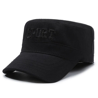 Men's adjustable cotton flat-top peaked cap in army green with dome crown and English letter detailing