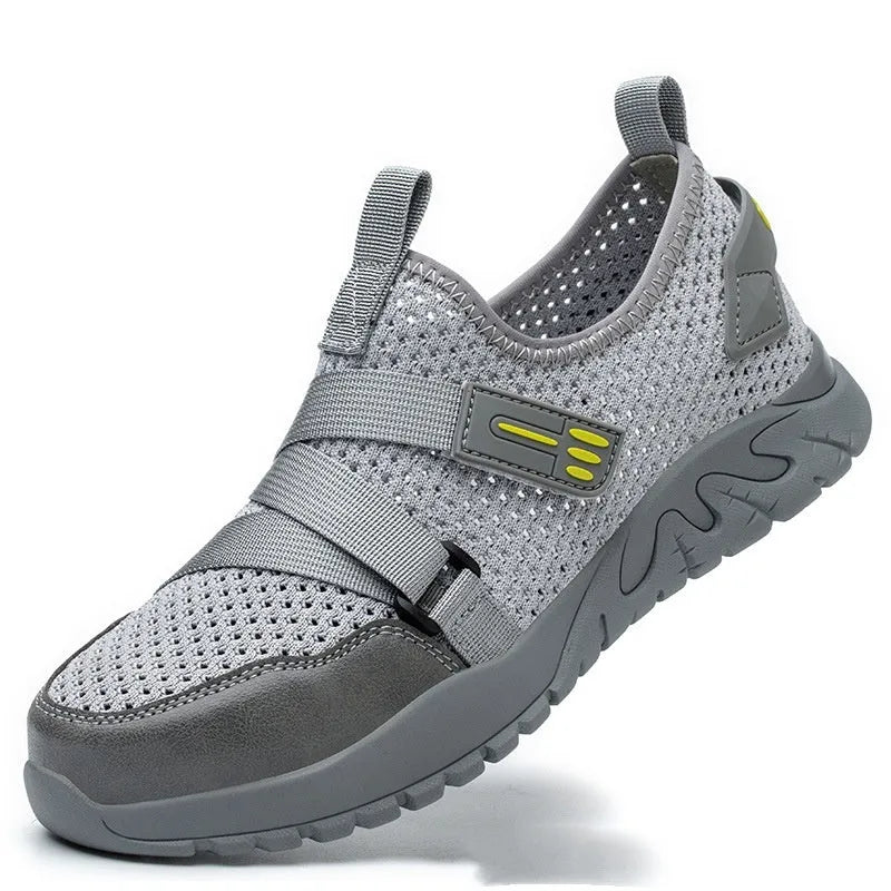 Men's grey anti-smash work safety shoes with flying woven upper and rubber sole