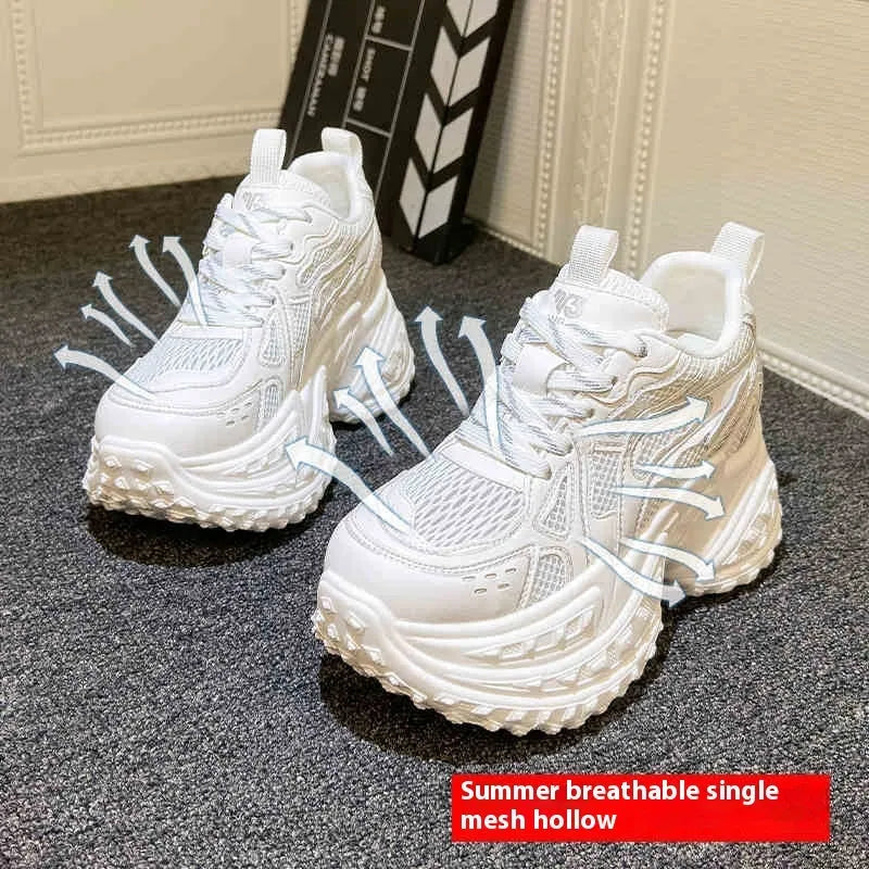 Women's white height increasing lace-up trainers with round toe and PU leather upper