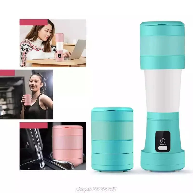Blue or pink 450ml portable blender with folding design, stainless steel blades, and USB charging port