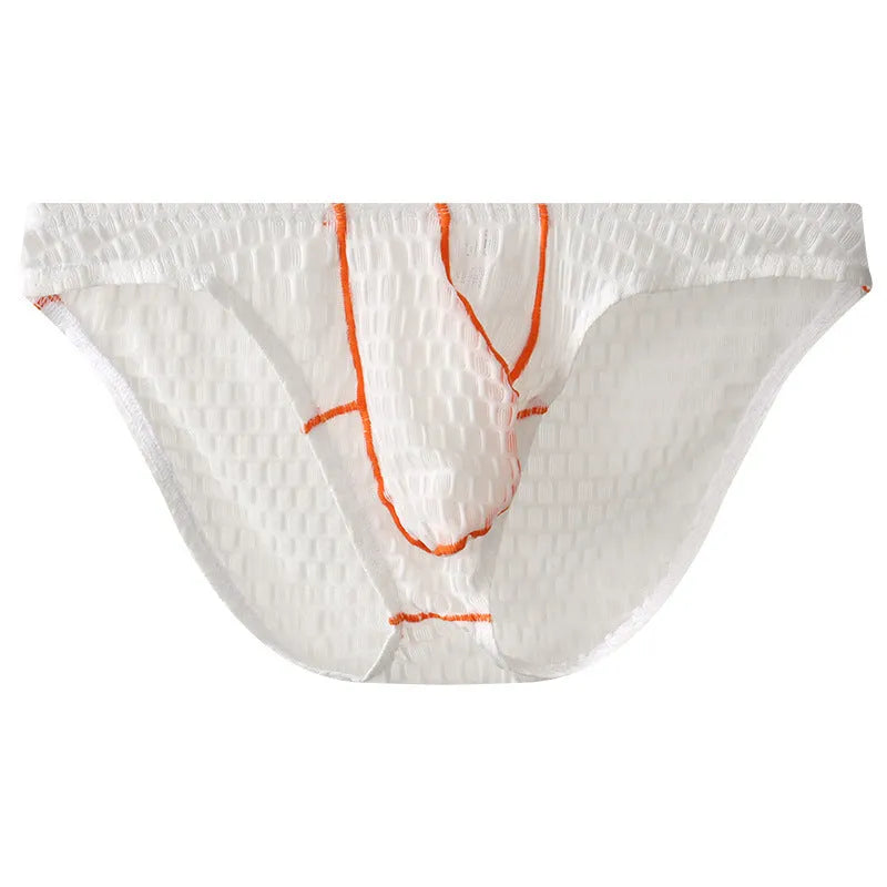 Men's low waist lace briefs in white, black, green, rose red, and light purple colours on size chart