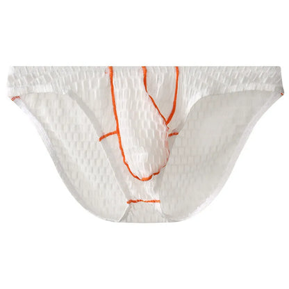 Men's low waist lace briefs in white, black, green, rose red, and light purple colours on size chart
