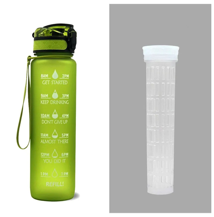 Blue and red gradient 1 litre Tritan sports water bottle with time markers and a flip-top lid.