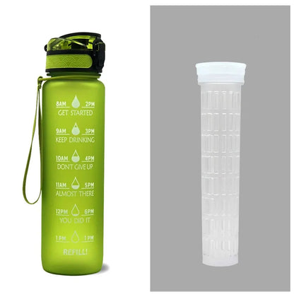 Blue and red gradient 1 litre Tritan sports water bottle with time markers and a flip-top lid.