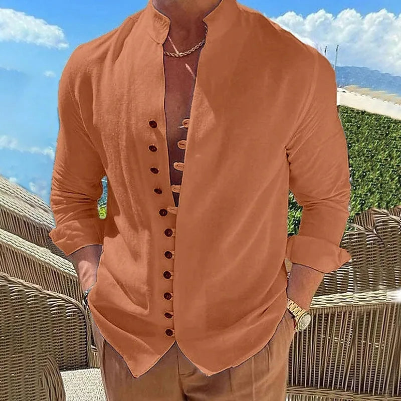 Men's retro button long-sleeved shirt in black, loose fit, standing collar, cotton polyester blend.