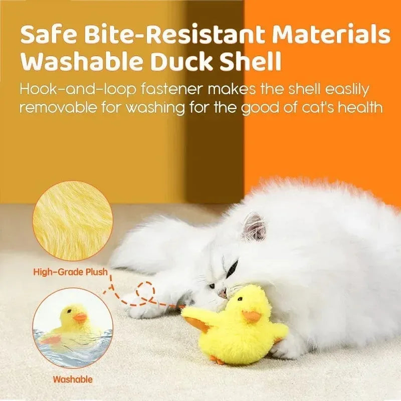 Yellow electric flapping duck cat toy with vibration sensor and USB-C charging cable