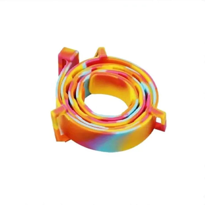 Rainbow coloured plastic flea and anti-lice collar for cats and dogs on white background