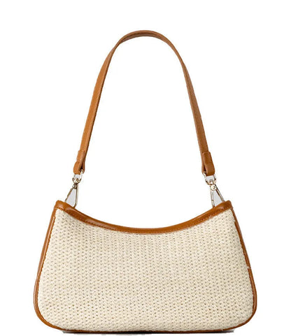 Khaki hand-woven straw crossbody bag made from PP grass with a single shoulder strap.