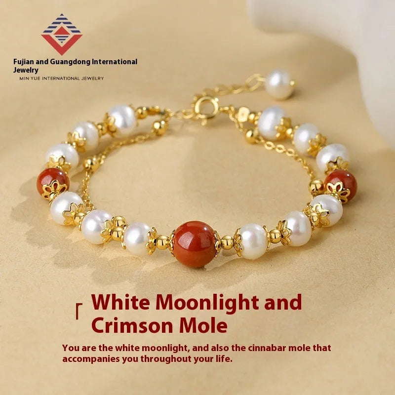 Double-layer women's bracelet with freshwater pearls and geometric cinnabar beans on sterling silver