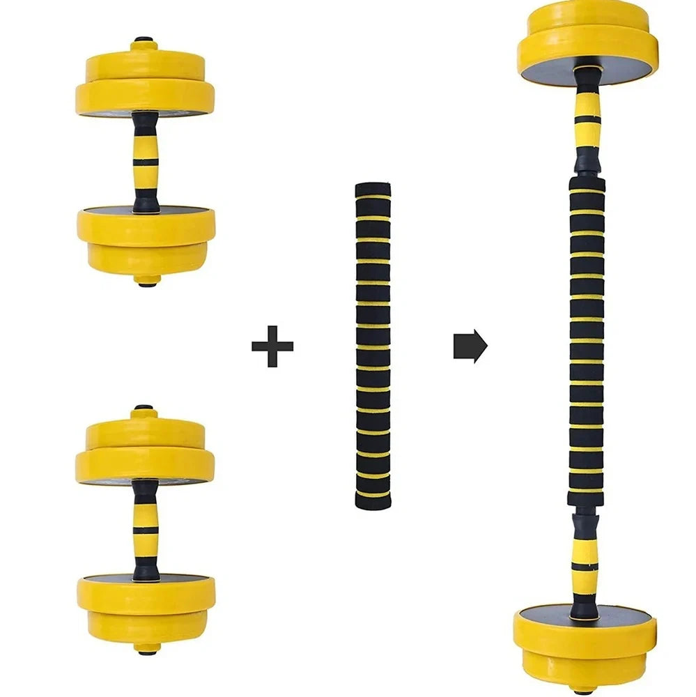 Yellow adjustable dumbbell barbell set with weight plates and connecting rod for home gym