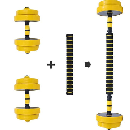 Yellow adjustable dumbbell barbell set with weight plates and connecting rod for home gym