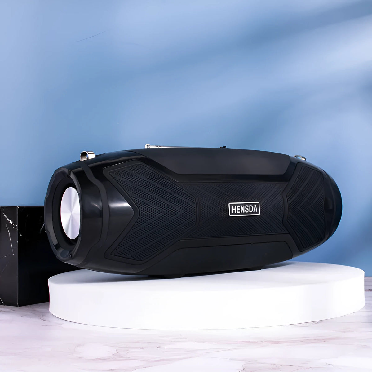 Bluetooth speaker with stereo sound showing colour options and multiple connectivity ports
