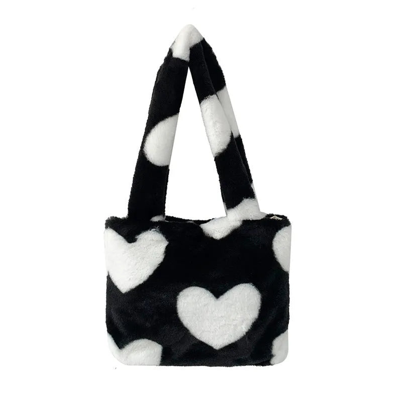 Fashion love heart womens furry fluffy bag in plush with contrast colour, underarm style, 24cm wide
