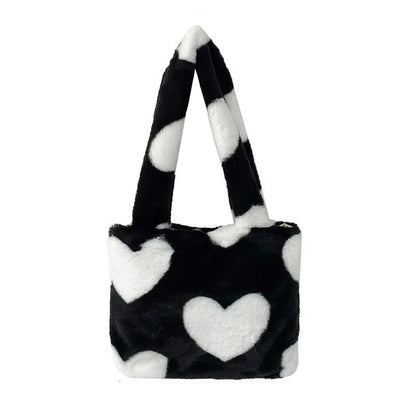 Fashion love heart womens furry fluffy bag in plush with contrast colour, underarm style, 24cm wide