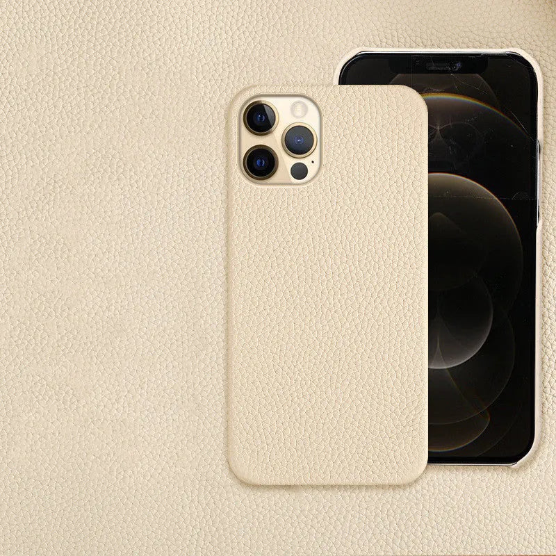 Genuine leather half-wrap iPhone protective case in beige, black, brown, orange, or pink colour.