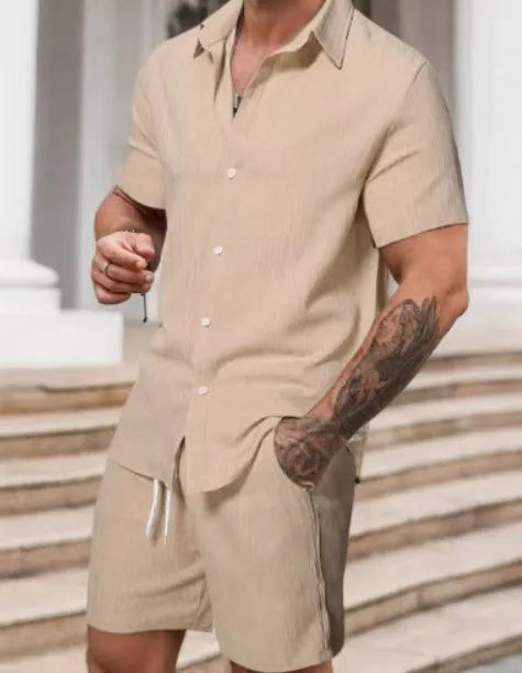 Men's striped printed casual suit with short sleeve shirt and matching shorts in polyester fabric