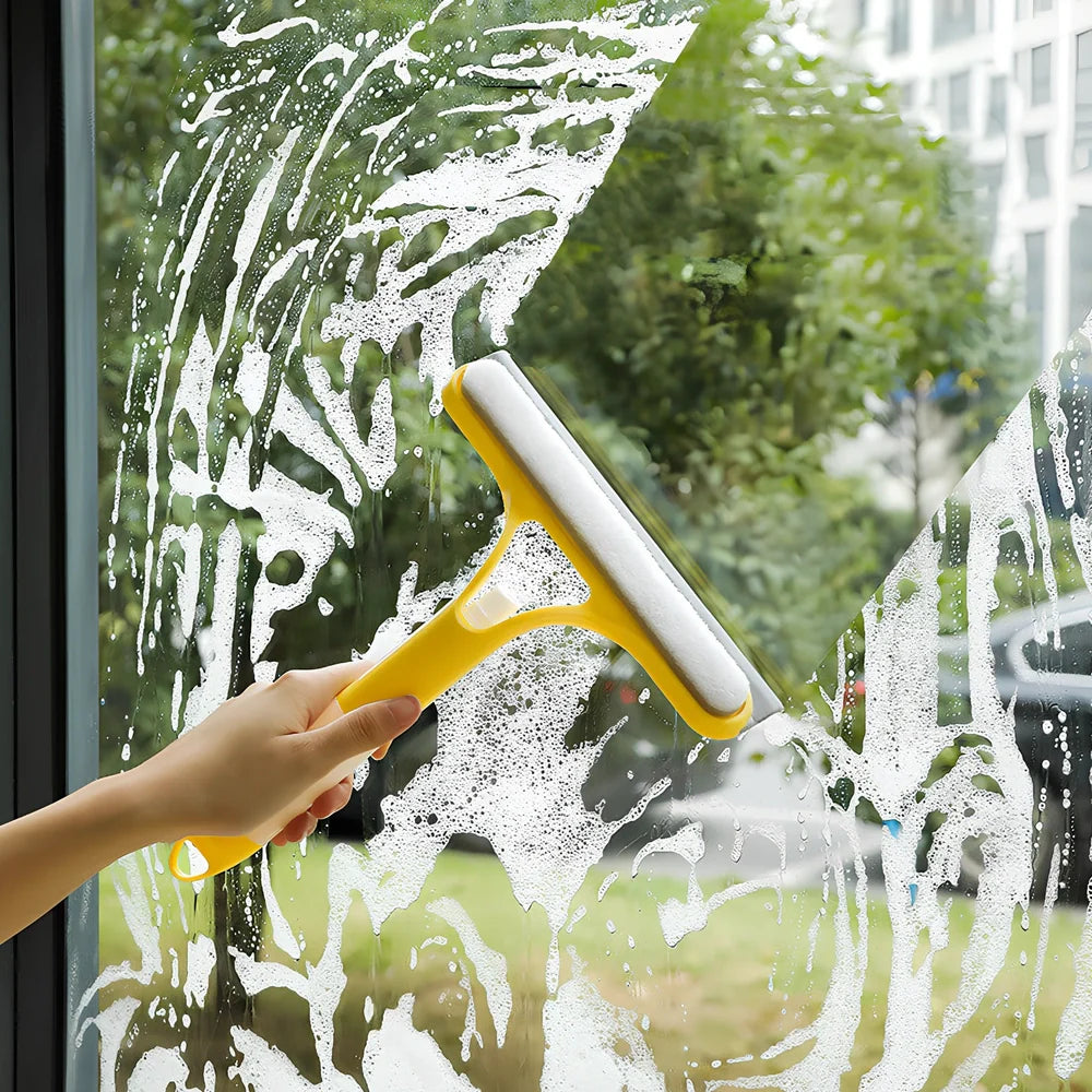 Double-sided plastic glass scraper in white, yellow, sky blue colours for household window cleaning