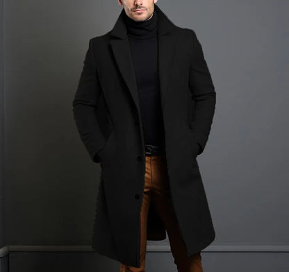 Men's mid-length woolen trench coat, British style, straight hem, embedded-line pockets, dark grey khaki black navy blue