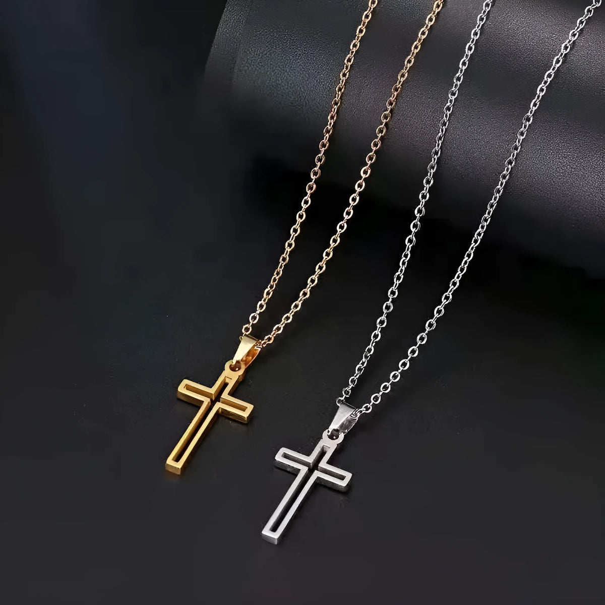 Unisex hip hop cross necklace with titanium steel pendant and stainless steel cross chain in steel or gold