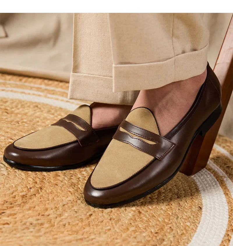 Men's coffee grey suede leather loafers with a kick-on closure, shown on a white background.