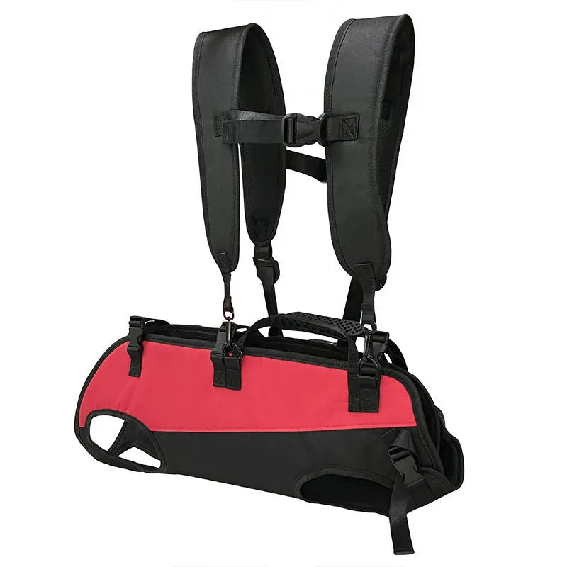 Black soft-sided Oxford cloth pet backpack for dogs and cats with colour accents, shown in backpack carry mode.