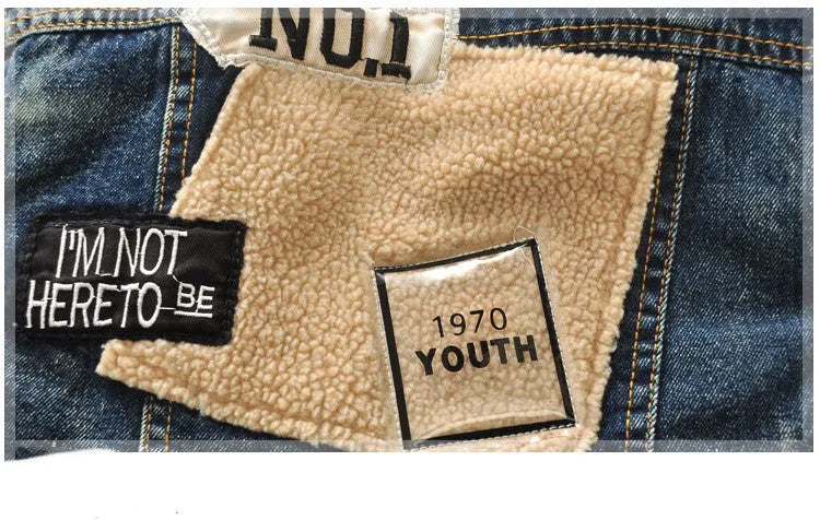 Children's denim jacket with faux fur collar, plus velvet lining, square collar, denim blue, Korean style, sizes 90-140cm