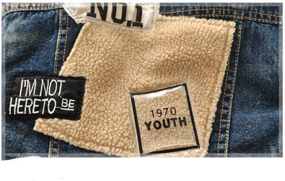 Children's denim jacket with faux fur collar, plus velvet lining, square collar, denim blue, Korean style, sizes 90-140cm