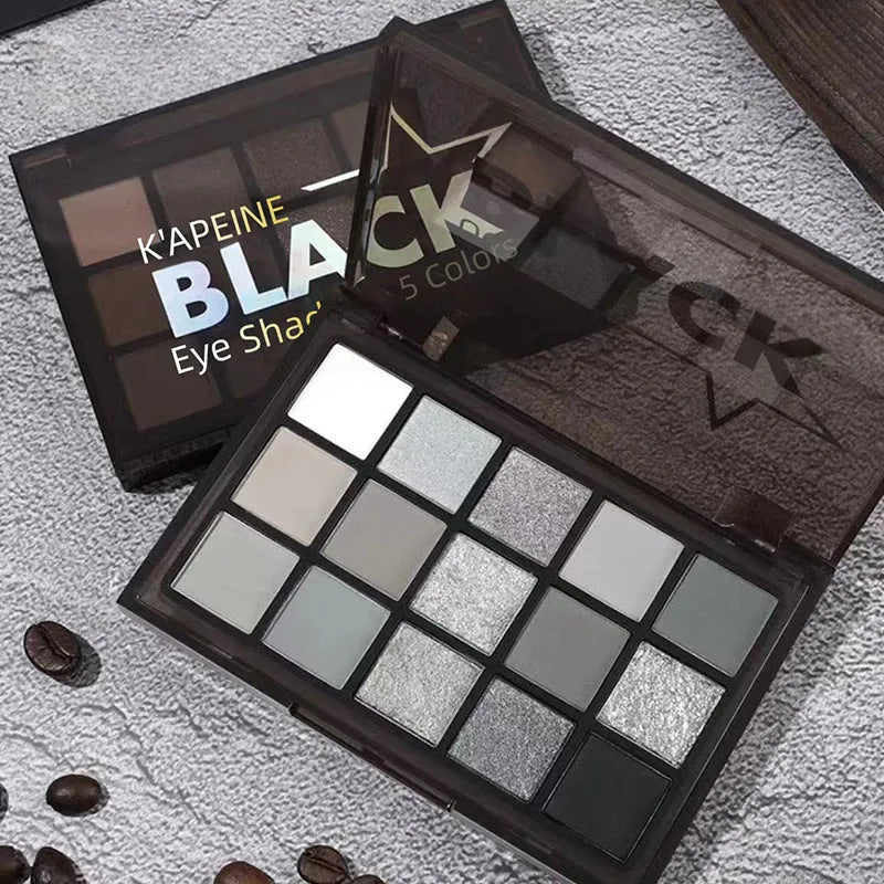 15-colour eyeshadow palette showing brown and blue tones with shimmer and matte finishes