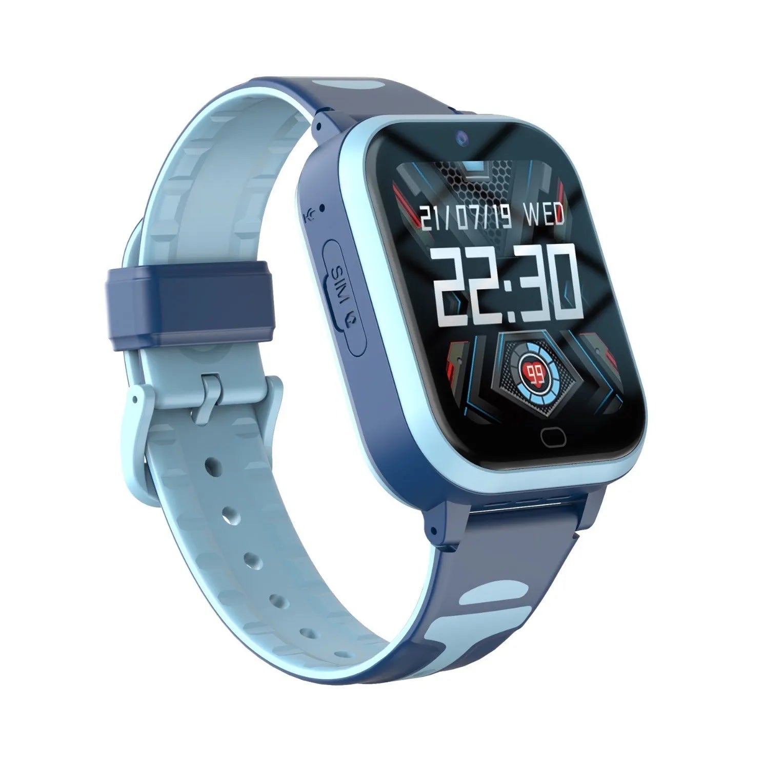 Child's smartwatch with colour screen on a wrist strap, shown in black, blue, and pink colour options.
