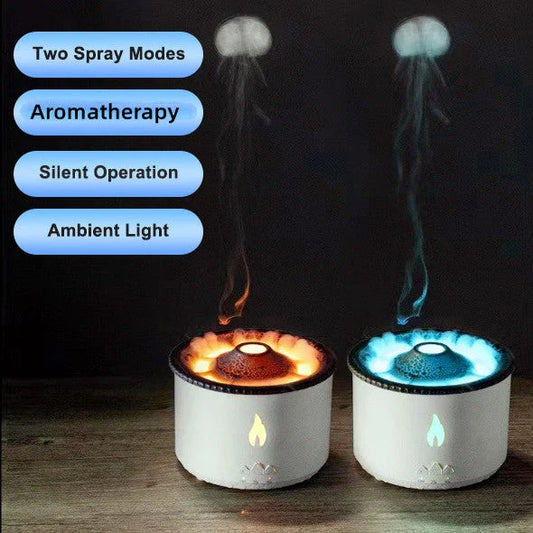 Ultrasonic essential oil humidifier with mesmerizing flame and jellyfish smoke ring effects, ideal for creating a soothing and relaxing atmosphere in any home or office.