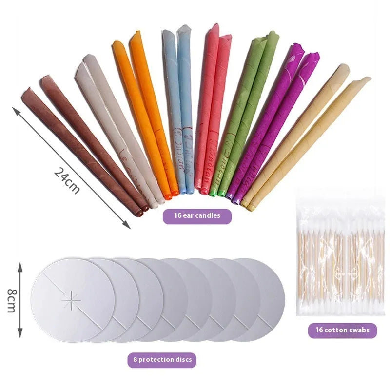 Boxed set of 16 cotton cloth ear candles, 8 protection boards, and 16 swabs in various colours