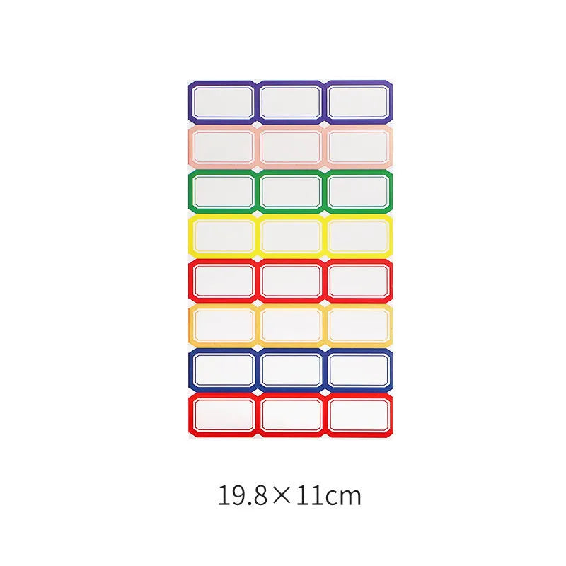 Handwritten label adhesive sticker set showing grid layouts, sticky notes, and A6 rulers on paper