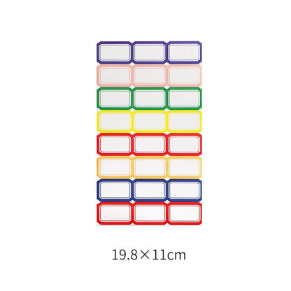 Handwritten label adhesive sticker set showing grid layouts, sticky notes, and A6 rulers on paper