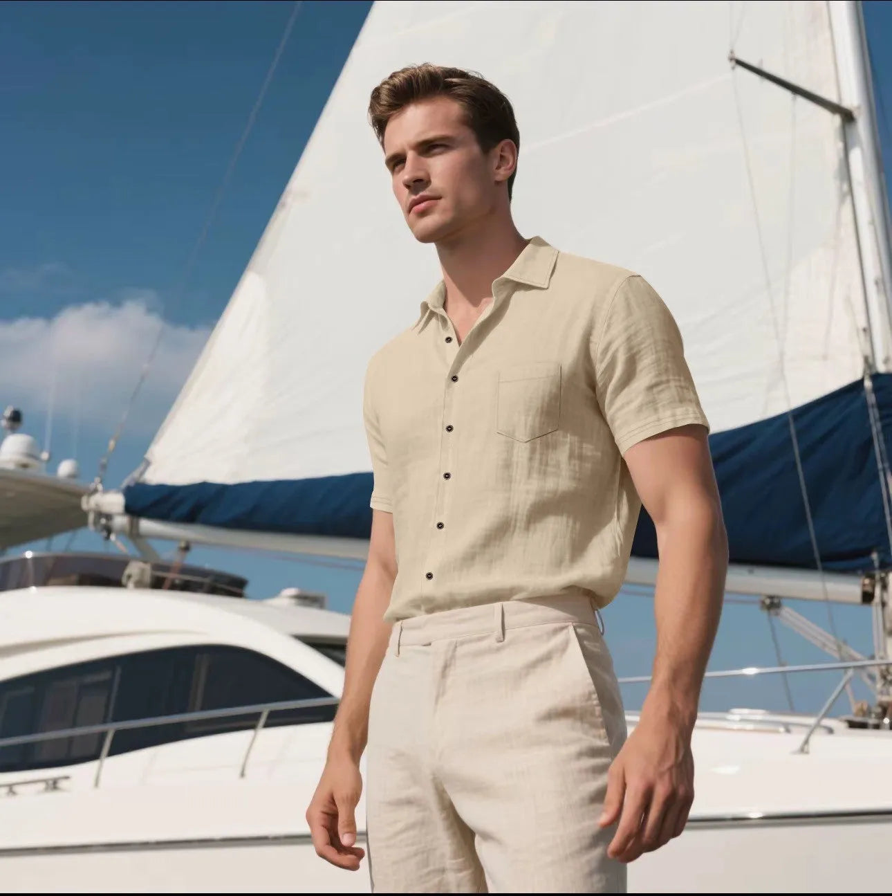 Men's loose fit short-sleeved linen blend shirt in a cardigan style, shown in a solid colour.