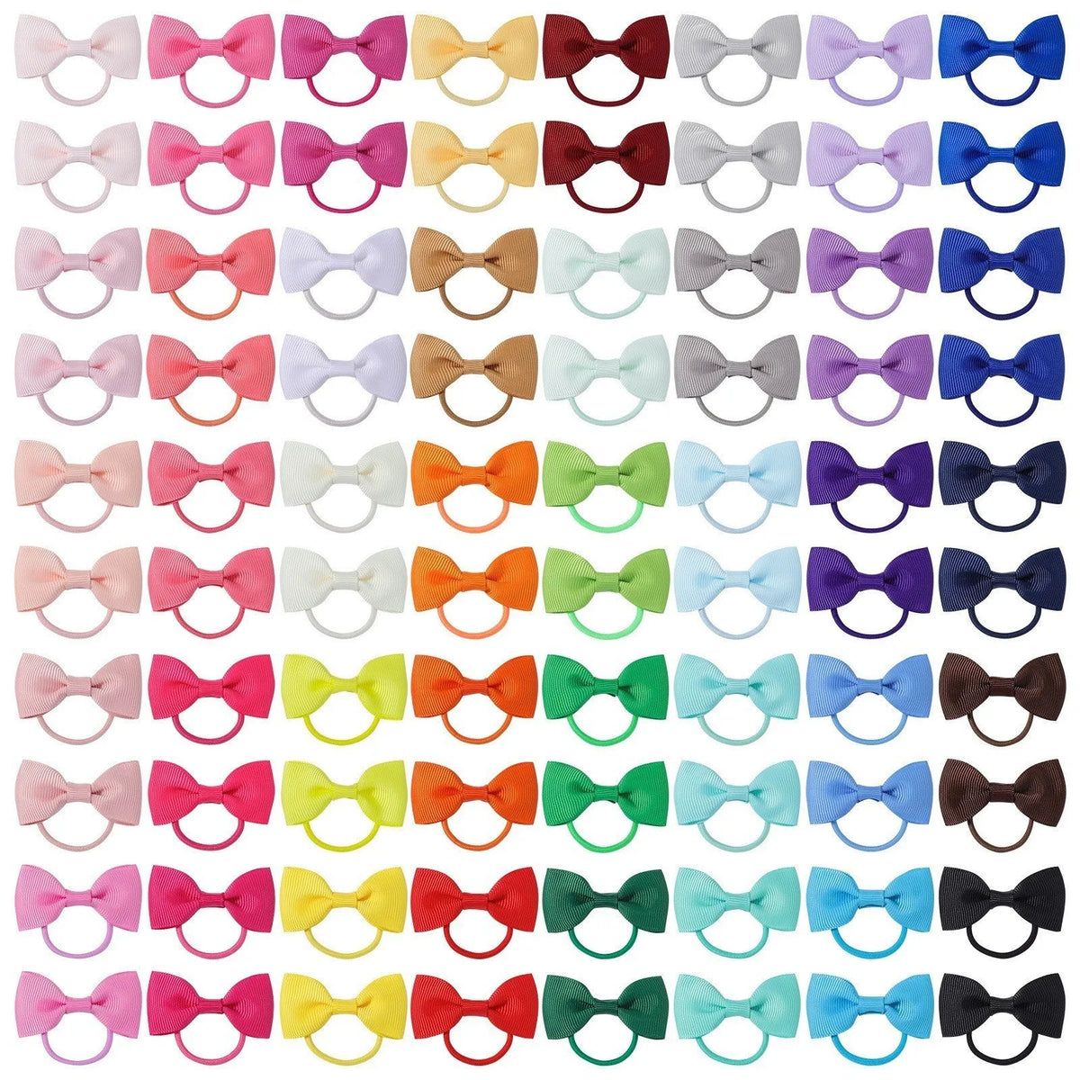80-piece set of multi-coloured baby hair ties with grosgrain ribbon bows on elastic bands