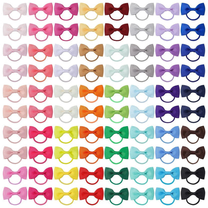 80-piece set of multi-coloured baby hair ties with grosgrain ribbon bows on elastic bands