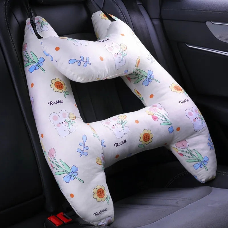 55x70cm car headrest pillow with floral skirt rabbit pattern and pearl cotton fill.