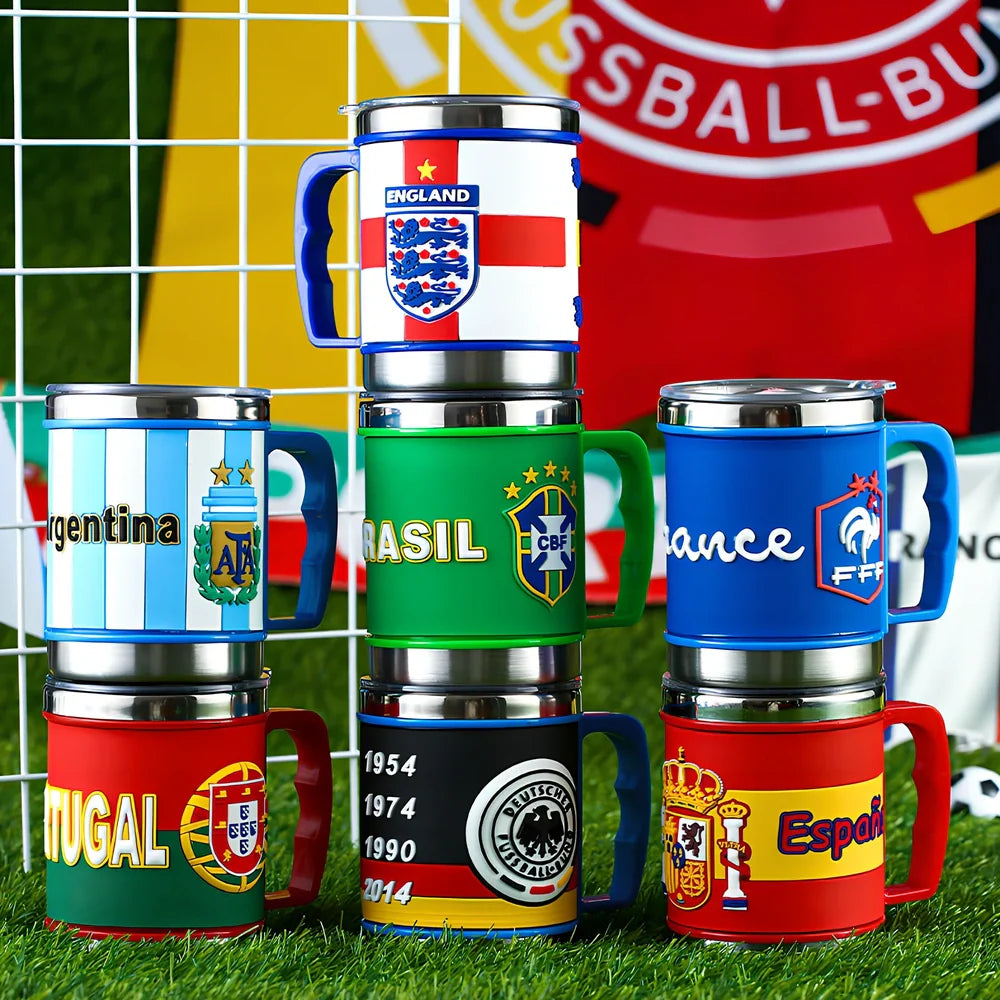World Cup football mug with 7.6cm diameter and 10.5cm height in team colours