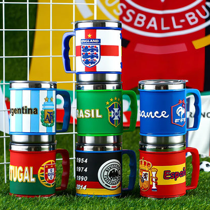 World Cup football mug with 7.6cm diameter and 10.5cm height in team colours