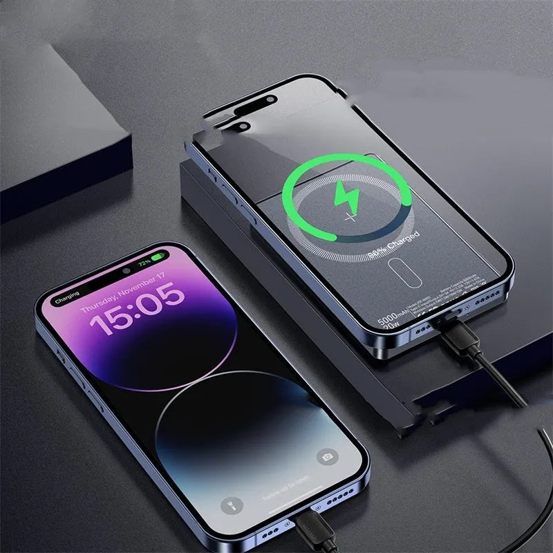 Magnetic Wireless Charging Power Bank 5000mAh Ultra-Thin 8.8mm Alloy Portable Battery with 20W Type-C PD and 15W Wireless Output for iPhone and Android Magnetic Charging