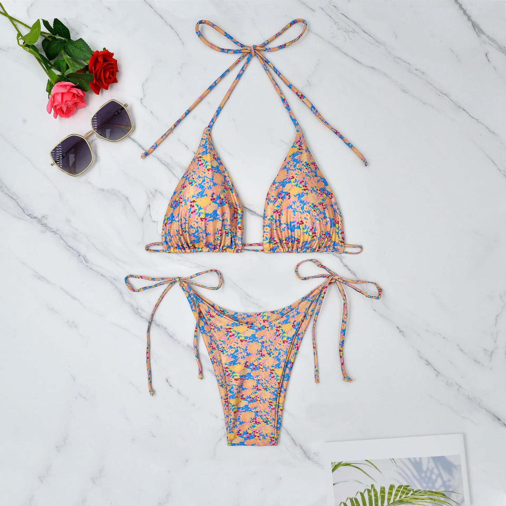 Lace-up front bikini swimsuit with backless European styling in picture colour