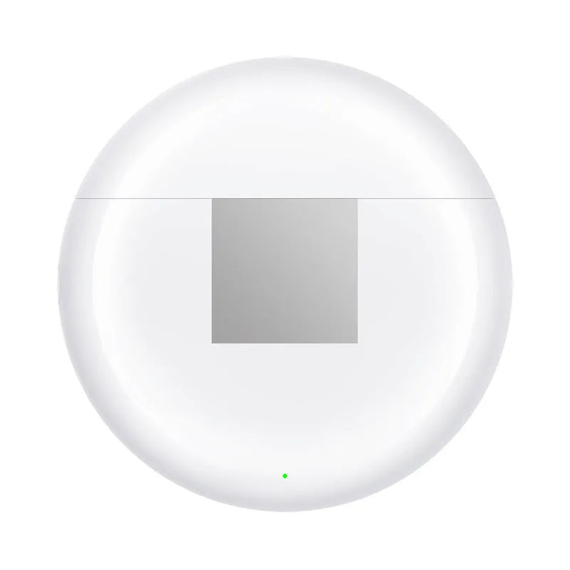 White Wireless Budz5 Bluetooth semi-in-ear headphones with charging compartment showing V5.1 technology