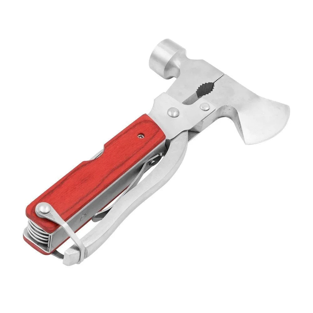 Solid steel 16-in-1 multi-function car safety hammer with window breaker, shown with its Oxford fabric storage pouch.