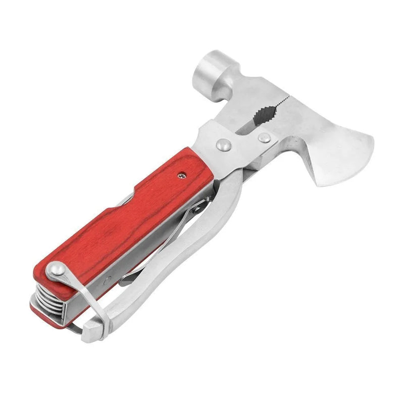 Car safety hammer with 16-in-1 multi-function for emergency escape includes broken window spike, seatbelt cutter, axe, claw, and LED torch, crafted from solid steel with a portable Oxford fabric pouch for glovebox or centre console storage