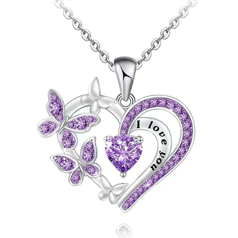 Butterfly Love Rhinestone Heart Necklace in various colours for Valentine's Day