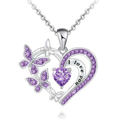Butterfly Love Rhinestone Heart Necklace in various colours for Valentine's Day